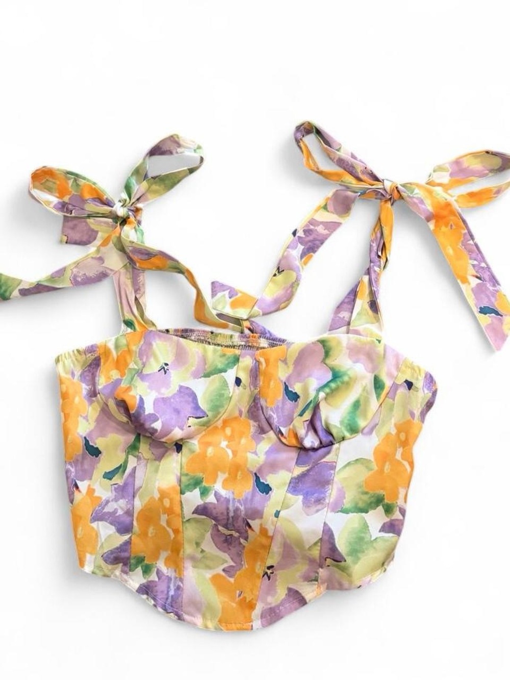 SHEIN Lavender, Yellow & Green Floral Tie-Shoulder Bustier Crop Top